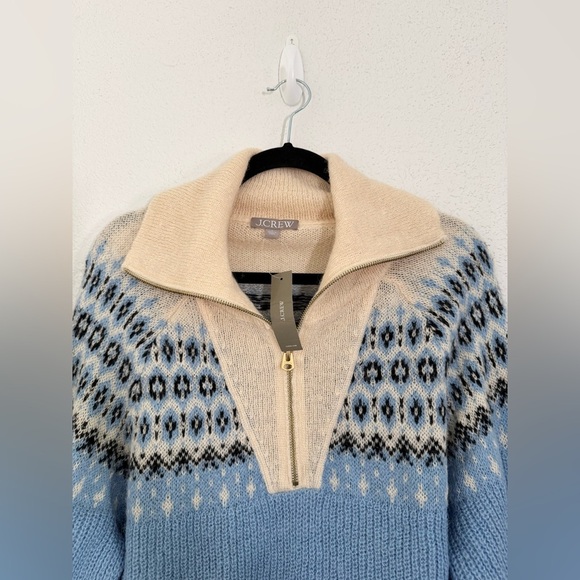 J. CREW Fair Isle Half Zip Alpaca Wool Blend Sweater Brushed Yarn Blue Large NEW - Picture 5 of 10